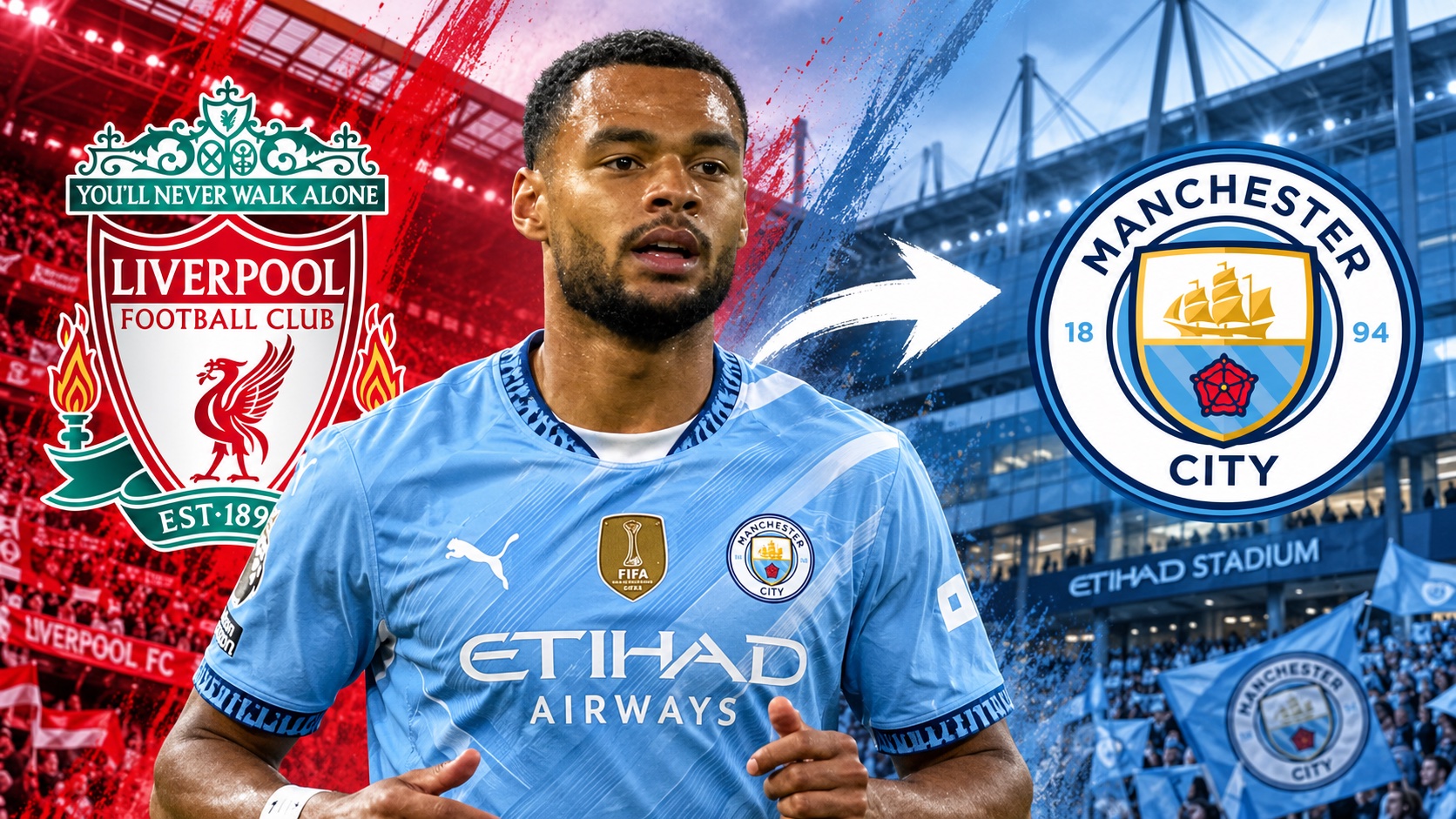 Cody Gakpo in actie voor Liverpool, met Manchester City als transferbestemming in beeld.