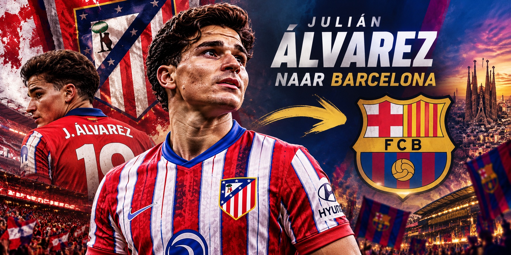 Julián Álvarez in het shirt van Atlético Madrid met Barcelona-transfergeruchten op de achtergrond