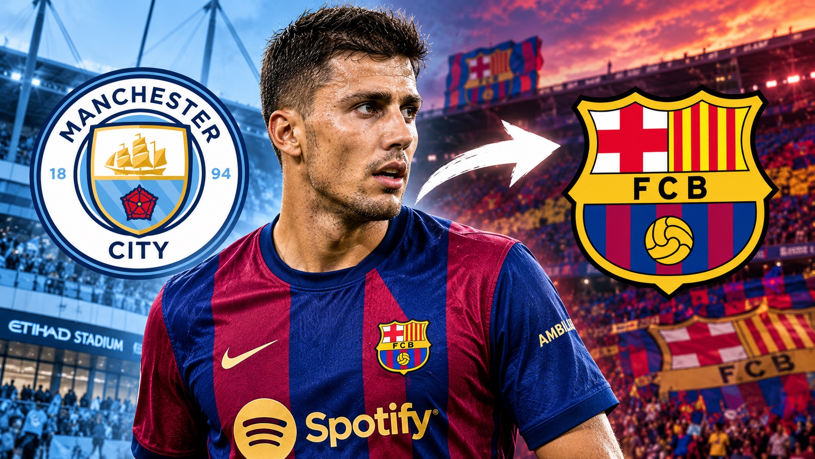 Rodri in een Manchester City-shirt, in verband gebracht met een transfer naar FC Barcelona.