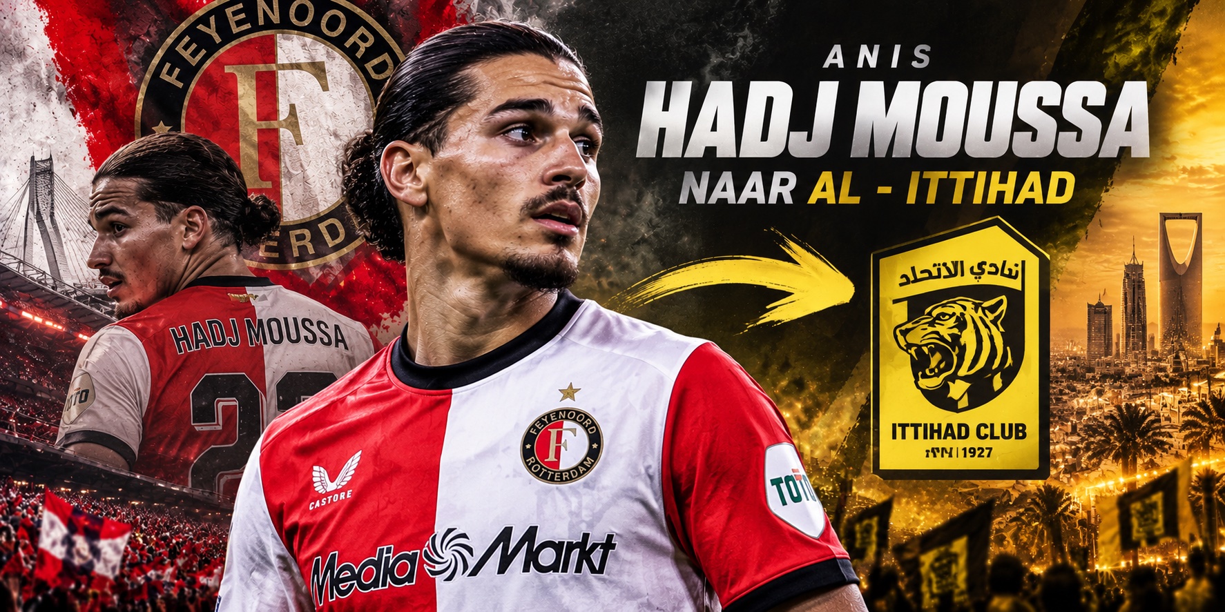 Anis Hadj Moussa in het Feyenoord-shirt terwijl geruchten over een transfer naar Al-Ittihad rondgaan.