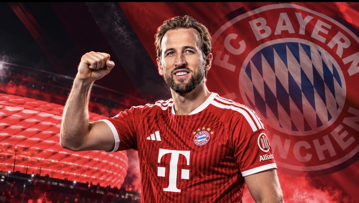 Harry Kane in het shirt van Bayern München tijdens een wedstrijd